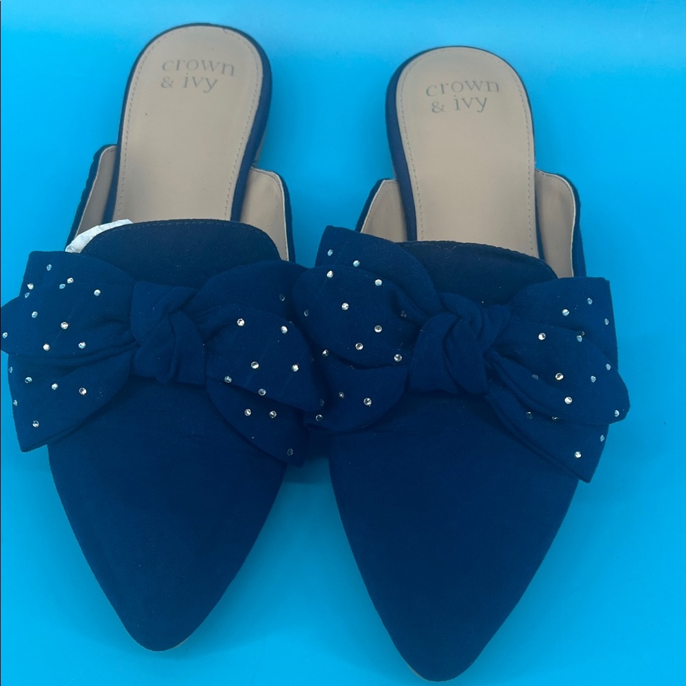 Crown & Ivy Navy Bow Mules with Studs